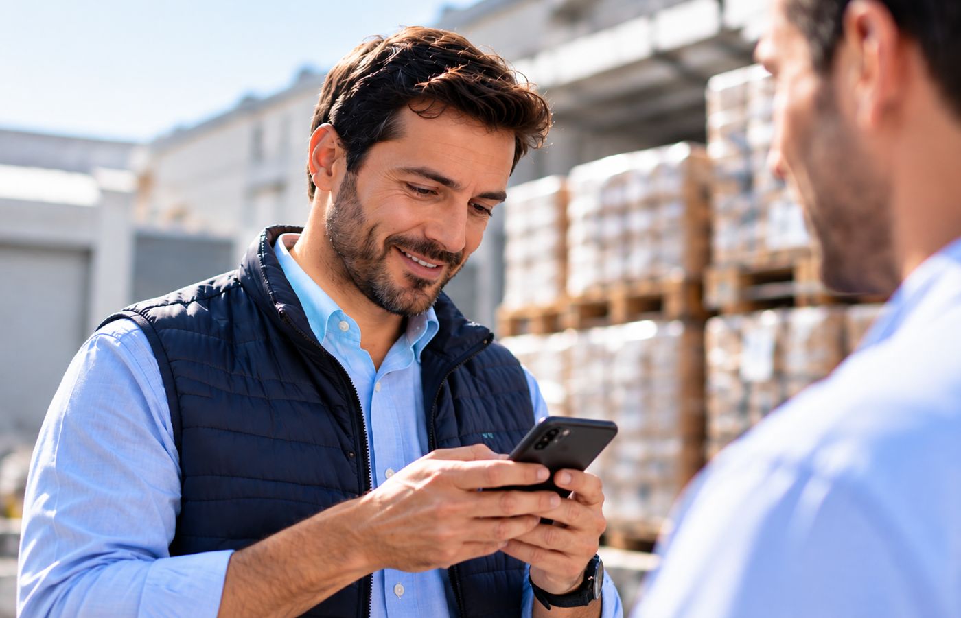 Vendedor con el celular durante una visita a un cliente